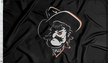 Load image into Gallery viewer, Black 3x5 Oklahoma State University Flag with Pistol Pete Logo and Two Metal Grommets