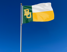 Load image into Gallery viewer, Green white and gold 3x5 foot wide Baylor University State of Texas Style flag with two metal grommets attached to a flagpole waving in the wind