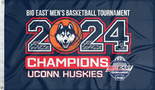 Load image into Gallery viewer, Navy blue 3x5 foot wide UCONN flag with big east men's basketball tournament 2024 champions uconn huskies logo and two metal grommets