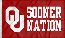 Load image into Gallery viewer, red 3x5 feet University of Oklahoma Flag with OU Sooner Nation and two metal grommets