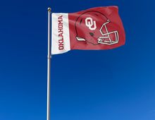 Load image into Gallery viewer, two panel white and red 3x5 University of Oklahoma Football Flag with two metal grommets attached to flagpole waving in the wind for outdoor home decor