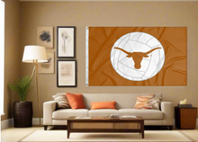 Load image into Gallery viewer, Orange University of Texas Volleyball Flag with two metal grommets covering tan wall of well lit room
