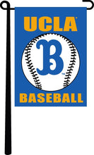 Load image into Gallery viewer, Blue UCLA Baseball Garden Flag hanging on black garden flag stand for sports décor