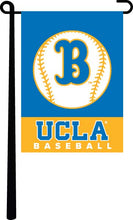 Load image into Gallery viewer, Blue and gold UCLA Baseball Garden Flag hanging on black garden flag stand