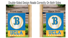 Load image into Gallery viewer, Blue and gold UCLA Baseball Garden Flag hanging on mailbox flagpole