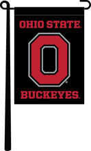 Load image into Gallery viewer, Black 13x18 Ohio State Garden Flag with Ohio State Buckeyes Logo