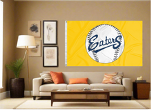 Load image into Gallery viewer, Gold 3x5 UC Irvine Baseball Flag with two metal grommets covering tan wall of well lit room