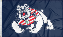 Load image into Gallery viewer, Fresno State University Flag with Bulldog Wearing American Flag Shirt