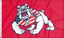 Load image into Gallery viewer, Red Fresno State University Flag with Bulldog Wearing American Flag Shirt and two metal grommets
