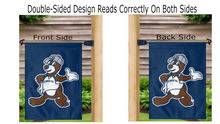 Load image into Gallery viewer, blue drew university garden flag with mascot logo hung from mailbox flagpole displayed from both sides