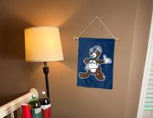 Load image into Gallery viewer, blue drew university garden flag with mascot logo hung from banner pole