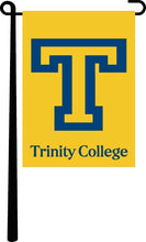 Load image into Gallery viewer, Gold 13x18 Trinity College Garden Flag hanging on black garden flag stand