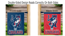 Load image into Gallery viewer, blue and red Columbus State University Cougars Garden Flag hung from mailbox flagpole