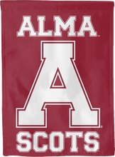 Load image into Gallery viewer, Maroon 30x40 inch long Alma College House Flag with Alma A Scots Logo