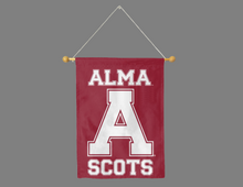 Load image into Gallery viewer, Maroon 30x40 inch long Alma College House Flag with Alma A Scots Logo hanging on a banner pole