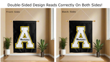 Load image into Gallery viewer, a mountaineers logo reading correctly on both sides of black appalachian state double sided house flag