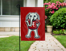 Load image into Gallery viewer, alabama garden flag with Big Al logo hung outside for yard decor