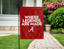 Load image into Gallery viewer, red alabama where legends are made garden flag hung for yard decor