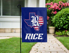 Load image into Gallery viewer, American-flag style Rice University Garden Flag hung outside for decor