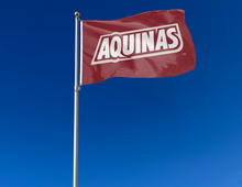 Load image into Gallery viewer, Red 3x5 foot wide Aquinas College Flag with Aquinas Logo and two metal grommets attached to a flagpole waving in the wind