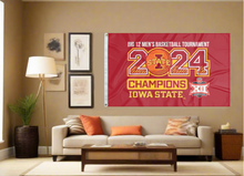 Load image into Gallery viewer, Red 3x5 foot Iowa State Big twelve men's basketball champions 2024 flag with two metal grommets covering tan wall of cyclones man cave for indoor home decor