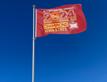 Load image into Gallery viewer, Red 3x5 foot Iowa State Big twelve men's basketball champions 2024 flag with two metal grommets attached to flagpole waving in the wind