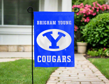Load image into Gallery viewer, royal blue BYU cougars garden flag hung outside for yard decor