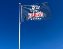 Load image into Gallery viewer, Blue 3x5 foot wide Belmont University Flag with two metal grommets attached to flagpole waving in the wind