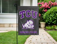 Load image into Gallery viewer, black tcu horned frogs garden flag hung outside for yard decor