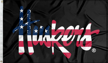 Load image into Gallery viewer, 3x5 foot wide University of Nebraska flag with USA flag striped Huskers logo