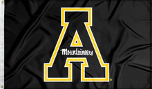 Load image into Gallery viewer, Black 3x5 foot wide Appalachian State University Flag with black A Mountaineers Logo and Two metal grommets