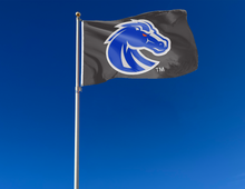 Load image into Gallery viewer, Black 3x5 foot wide Boise State University Flag with blue and gray Bronco head logo and two metal grommets attached to flagpole waving in the wind