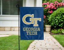 Load image into Gallery viewer, blue georgia tech university garden flag hung outside for yard decor