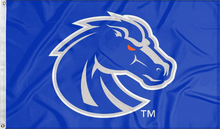 Load image into Gallery viewer, Blue 3x5 foot wide Boise State University flag with gray and blue Bronco head logo and two metal grommets