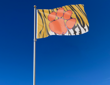 Load image into Gallery viewer, 3x5 Clemson University Flag with Tiger Skin and stripes background and Two Metal Grommets attached to flagpole waving in the wind