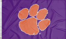 Load image into Gallery viewer, Purple 3x5 feet wide Clemson University Flag with Orange Paw and Two Metal Grommets