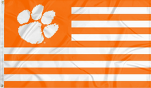 Load image into Gallery viewer, 3x5 feet wide Clemson University Flag with seven orange stripes and six white stripes and two metal grommets