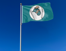 Load image into Gallery viewer, Teal 3x5 foot wide Coastal Carolina University Chanticleers flag with Baseball logo and two metal grommets attached to flagpole waving in the wind