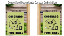 Load image into Gallery viewer, gold colorado football game garden flag hung from mailbox flagpole