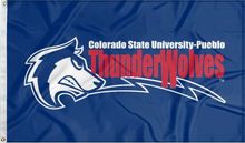 Load image into Gallery viewer, Blue 3x5 foot wide Colorado State University-Pueblo Flag with Thunderwolves logo and two metal grommets