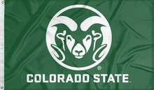 Load image into Gallery viewer, Green 3x5 foot wide Colorado State University Flag with ram head logo and two metal grommets