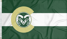 Load image into Gallery viewer, 3x5 foot wide Colorado state University flag with flag of colorado style three green, white, and green stripes with C Rams logo and two metal grommets
