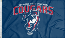 Load image into Gallery viewer, Blue 3x5 foot wide Columbus State University flag with Cougars Logo and two metal grommets