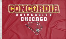 Load image into Gallery viewer, Red 3x5 foot wide Concordia University Chicago flag with Cougar Head Logo and two metal grommets
