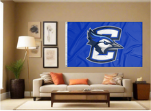 Load image into Gallery viewer, Blue 3x5 foot wide Creighton University Bluejays Flag with two metal grommets covering the tan wall inside of a well organized room with couch pillows and light