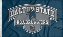 Load image into Gallery viewer, Blue 3x5 foot wide Dalton State College flag with grey Dalton State Roadrunners DS logo and two metal grommets