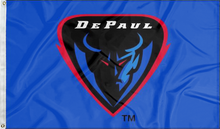 Load image into Gallery viewer, Blue 3x5 foot wide DePaul University Flag with DePaul Demon Head logo and two metal grommets
