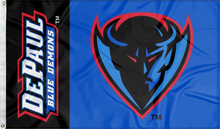 Load image into Gallery viewer, 3x5 foot wide black stripe blue stripe DePaul University flag with DePaul Blue Demons Logo Blue Demon head logo and two metal grommets