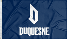 Load image into Gallery viewer, Blue 3x5 foot wide Duquesne University Flag with D Duquesne logo and two metal grommets