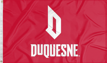 Load image into Gallery viewer, Red 3x5 foot wide Duquesne University Flag with white D Duquesne logo and two metal grommets